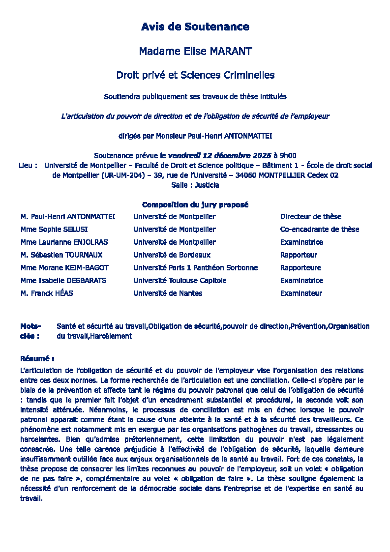ED_DSP_UM's tweet photo. Félicitations à Elise Marant, pour la récente soutenance de sa thèse relative à "l'articulation du pouvoir de direction et l'obligation de sécurité de l'employeur" !
Ses travaux de recherche ont été encadrés par Paul-Henri Antonmattéi et Sophie Selusi au sein de l'EDSM. https://t.co/inJvTXoRqx