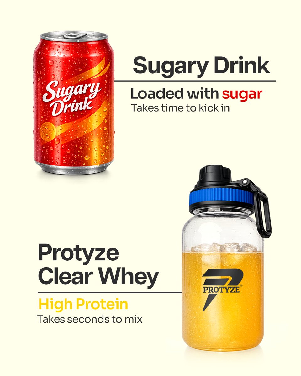 protyze's tweet photo. Now Choice is yours, which one will you choose??

The Sugary Drink That will only give you a sugar spike or the Protyze Nitro Clear whey that has 30g protein + 3g of Creatine Monohydrate for your faster recovery.

#clearwhey #juicyprotein #proteinwithcreatine #functionalprotein https://t.co/6uFbnLn8Fd