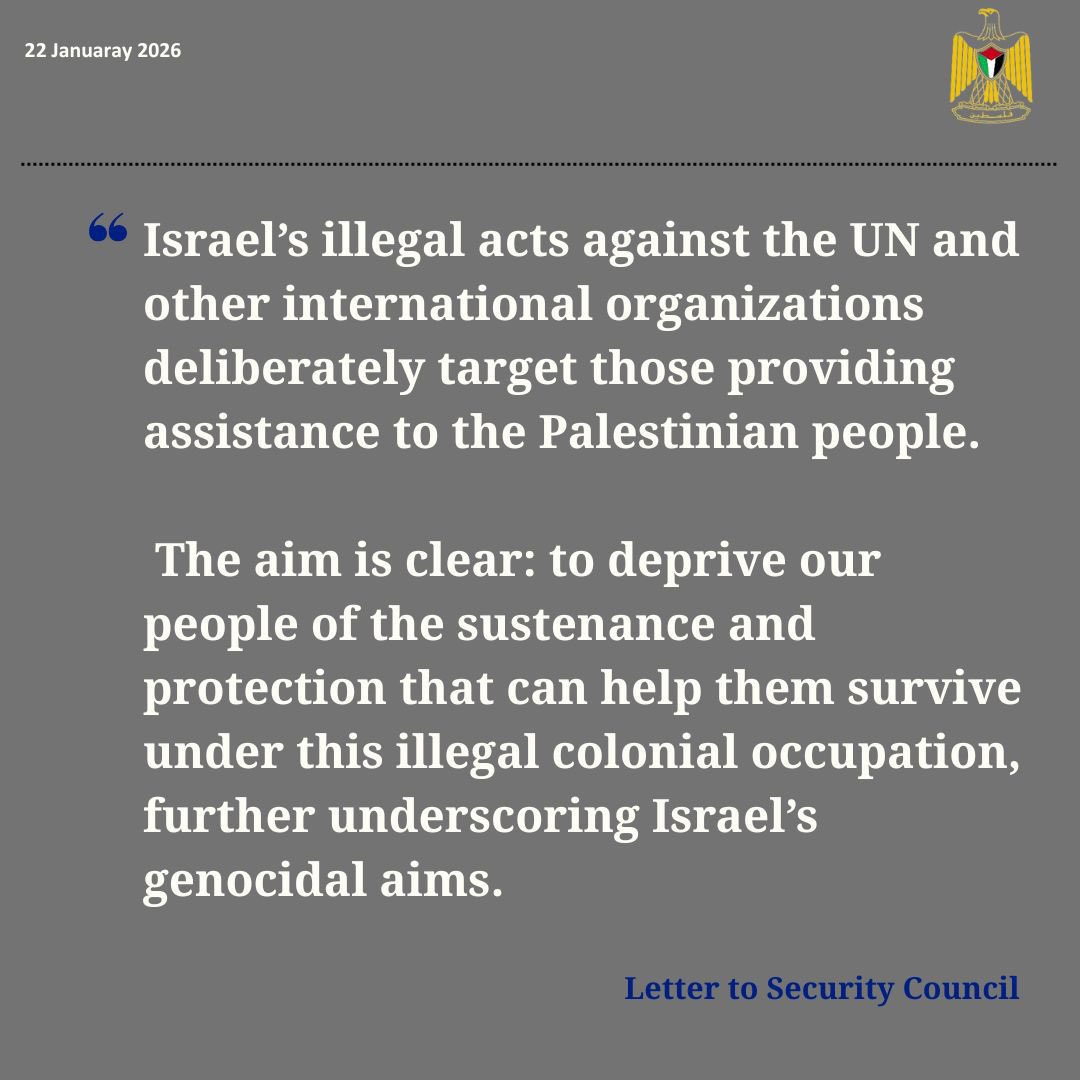 In a letter to the Security Council, the State of Palestine called on the Security Council to hold Israel accountable for its attacks against the United Nations, including UNRWA: