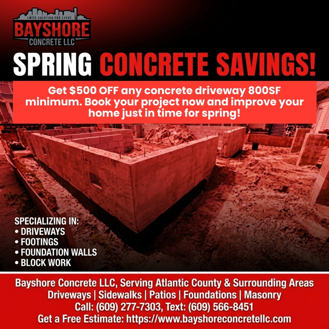 Bayshorellc's tweet photo. Transform your home this spring with $500 OFF on concrete driveways over 800SF. Trust Bayshore Concrete LLC for quality! Call (609) 277-7303 or text (609) 566-8451 for a free estimate. #ConcreteDriveway #HomeImprovement #SpringProject #BayshoreConcrete #AtlanticCounty https://t.co/eWWM1BLywk