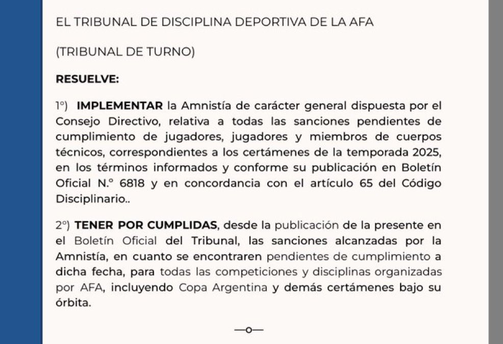 Mati_Martinez's tweet photo. 🔴 AFA | El Tribunal de Disciplina confirmó la amnistía para los futbolistas suspendidos.

▶️ Rodrigo Fernández Cedres y Malcorra estarán a disposición.

▶️ Lo mismo para los futbolistas de #Estudiantes. 

#Independiente https://t.co/4Ua3e69tqI