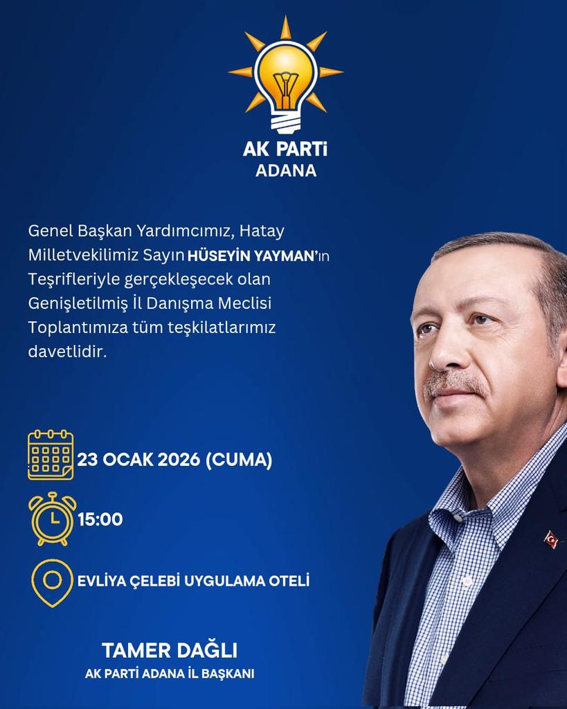 Genel Başkan Yardımcımız, Kültür ve Sanat Politikaları Başkanımız ve Hatay Milletvekilimiz Sayın Hüseyin Yayman’ın teşrifleriyle gerçekleştirilecek olan Genişletilmiş İl Danışma Meclisi Toplantımıza tüm teşkilatlarımız davetlidir.

📅 23 Ocak 2026 Cuma
🕒 15.00
📍 Evliya Çelebi