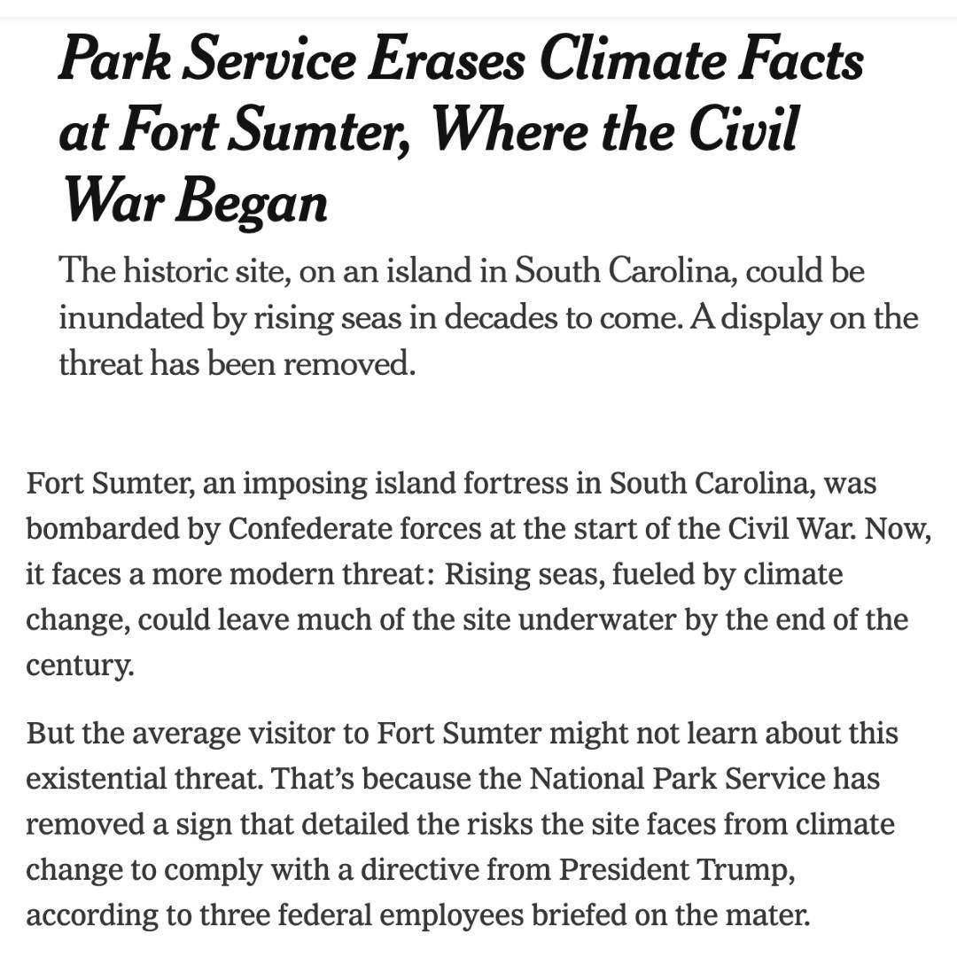 Nothing says "journalism" like scolding the Trump admin and Fort Sumter for no longer having a sign warning about the “existential threat” of climate change.

Well done, New York Times.
