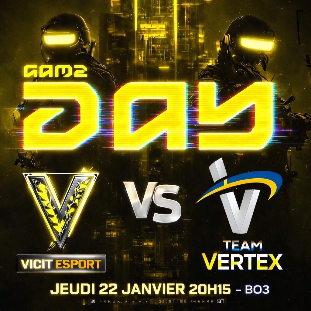 VicitEsports's tweet photo. MATCHDAY 🎊

Aujourd’hui nous jouons notre qualification en Playoffs de la @UniqueX_League .

🆚 @VrtexDE 

Line-up :

@TheSmaart 
@Sliioo_ 
@TontonSmokjak7 
@Shxnra_ 
#Esub

#VicitBacktoVictory 🟡⚫️ https://t.co/t6IAl0y9Lm