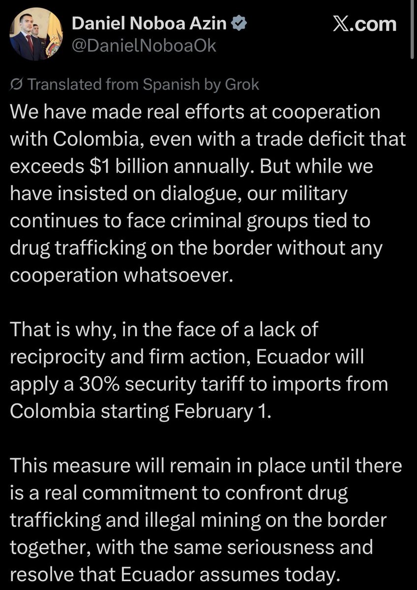 Ecuadorian President Daniel Noboa slaps Colombia with 30% tariffs over failure to cooperate on security measures to curb drug trafficking and activity from criminal groups.