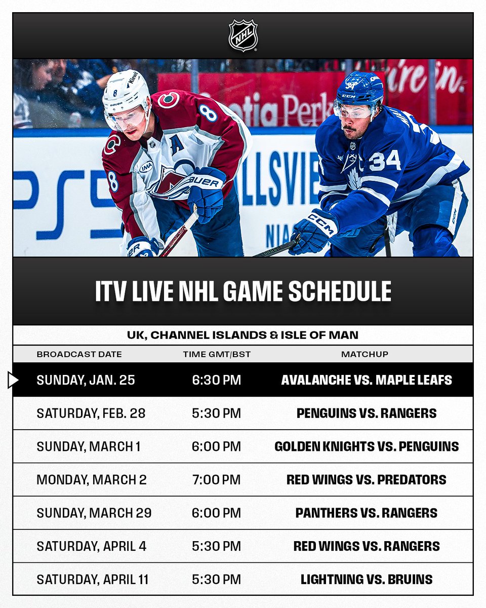NHLPR's tweet image. ITV (@itvsport) has acquired media rights to the NHL in the UK, Channel Islands &amp;amp; Isle of Man. The new deal began with the Jan. 17 Wild-Sabres game. 

Live NHL games will be available via ITV 4 linear channel and ITVX streaming service for the remainder of the 2025-26 season.
