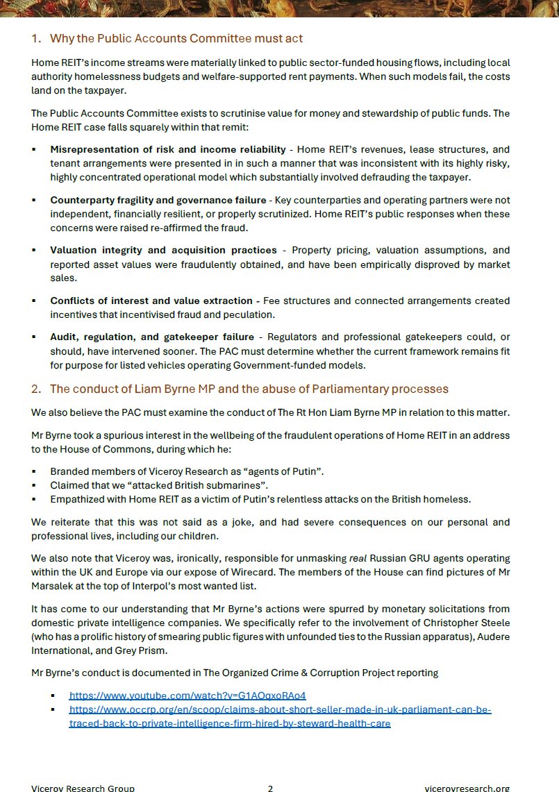 viceroyresearch's tweet image. Here's our letter to @10DowningStreet, @CommonsPAC &amp;amp; MPs on $HOME #REIT. 
The misconduct, market abuse &amp;amp; weaponisation of #Westminster by @LiamByrneMP. 
We thank MP's who have engaged the far &amp;amp; the willingness to start a process. MP's must act with integrity, Byrne did not.