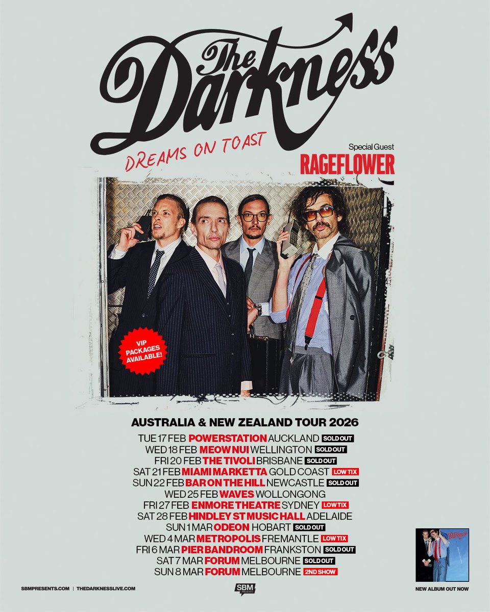 thedarkness's tweet photo. Musically aware peoples of New Zealand and Australia, it's not long until we start our next adventure in the wonderful city of Auckland! There are a few remaining tickets our Adelaide and Wollongong shows so head to the link in our bio to bag yours. Let's get it on Wollongong! https://t.co/J40J9BMb0X