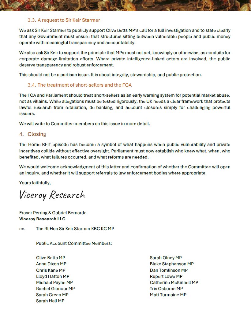 viceroyresearch's tweet image. Here's our letter to @10DowningStreet, @CommonsPAC &amp;amp; MPs on $HOME #REIT. 
The misconduct, market abuse &amp;amp; weaponisation of #Westminster by @LiamByrneMP. 
We thank MP's who have engaged the far &amp;amp; the willingness to start a process. MP's must act with integrity, Byrne did not.