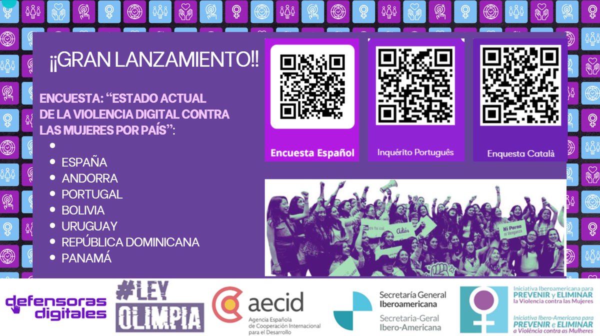 LeyOlimpiaLATAM's tweet image. 📣¡¡GRAN LANZAMIENTO!! 📣
Junto con la @IIPEVCM, la @SEGIBdigital y la @AECID_es, hoy arrancamos la difusión de la ENCUESTA "Estado Actual de la Violencia Digital Contra las Mujeres".
Invitamos a víctimas y sobrevivientes de #ViolenciaDigital a participar.