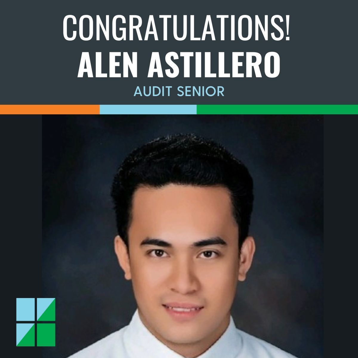 LarsonCPA's tweet image. Exciting news!  Congratulations to Alen Astillero on his promotion to #Audit Senior. This achievement reflects his hard work, dedication, and continued commitment to excellence. We’re proud to celebrate this well-earned milestone! #LifeAtLarson #StrengthInNumbers