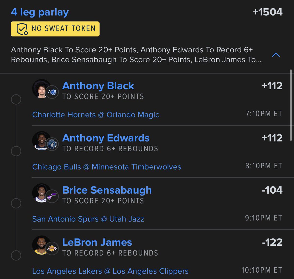 _PropDoctor's tweet image. #NBA NO SWEAT TOKEN

• Anthony Black +20 points

• Anthony Edwards +6 rebounds

• Brice Sensabaugh +20 points

• LeBron James +6 rebounds

#GamblingX #NBA #NBABets
