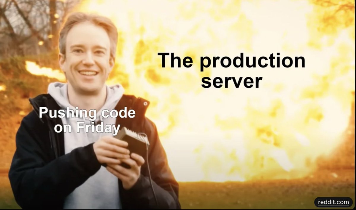 Seppimm's tweet photo. Deploying to production on Friday night... Bold or reckless? 😈 Who's guilty this month? #DevOps #FridayDeploy https://t.co/1y0rXNztql