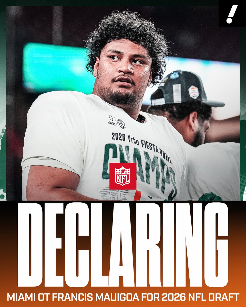 Miami OT Francis Mauigoa has announced he's officially declaring for the 2026 NFL Draft.

He's ranked No. 6 on <a href="/Nate_Tice/">Nate Tice</a>'s draft board.