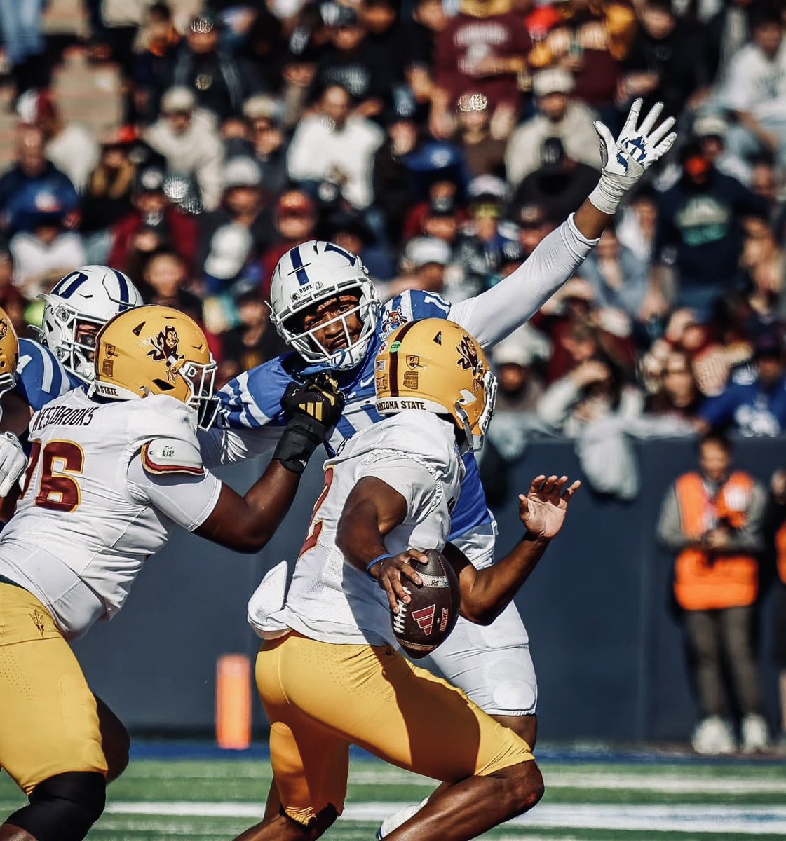 ColinMagnusson's tweet photo. Arizona State offensive lineman Champ Westbrooks graduated from high school at just 17 years of age.

A high 3 star prospect coming out of Loyola High School in Los Angeles, close to 18 months of daily work was put in before a moment came in this year’s bowl game to where he would be named a starter against Duke.

Safe to say Westbrooks delivered on the moment. ✅

After waiting his turn behind Max Iheanachor, Westbrooks was given the opportunity to start against Duke out in El Paso back on New Years Eve.

And, let’s just say ASU coaches and the Sun Devil fanbase have a lot to be excited about.

Champ and the offensive line unit as whole helped propel the ASU offense to racking up a staggering 619 yards of total offense - a Sun Bowl record, surpassing any yardage amount that an offense had done in the 90 year history of the Sun Bowl.

Champ’s debut was impressive enough to a point where off of just ONE game of being inserted into the lineup as a starter, he is already considered by credible and trusted media outlets in Tempe to be a key returner looking ahead to the 2026 season. 👀 👀 

Greatness is to come!!

Forks Up!!!  🔱 🔱 🔱