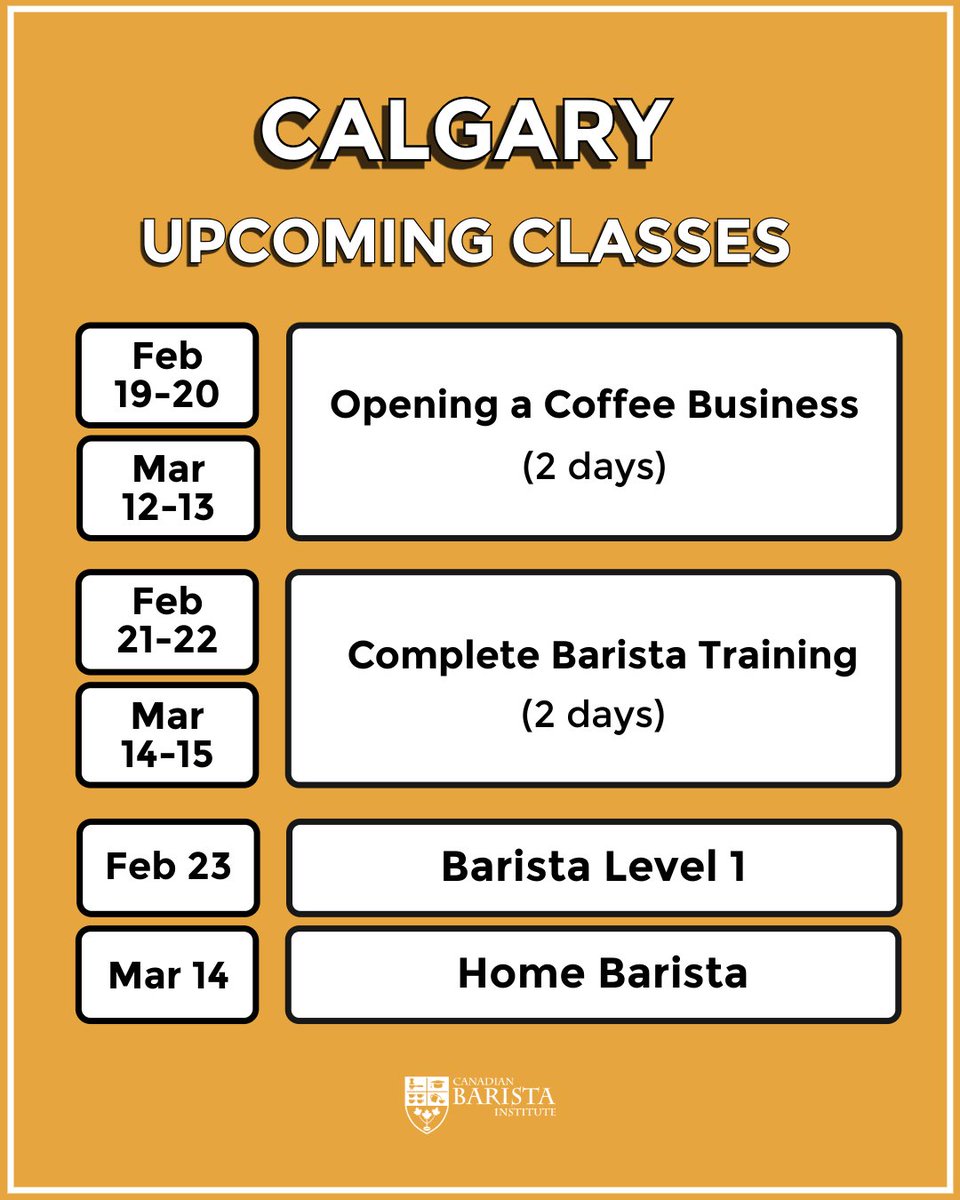 Calgary coffee lovers, this one’s for you!
🎓 Business Course, Barista Training &amp; Home Barista

Spots are limited! Sign up now: canadianbaristainstitute.com/collections/ca… 

#Calgary #CoffeeBusiness #BaristaTraining #CanadianBaristaInstitute
