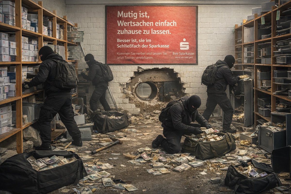 DukevanDam's tweet photo. Der Fall des Einbruchs in der Sparkasse in Gelsenkirchen zeigt. Man kann nie einfach so blind 100 % Staat oder irgend einer Institution vertrauen. Man muss immer scharf mit denken und den Fall der Fälle mit einkalkulieren. Niemals alle Eier in einem Korb liegen lassen. https://t.co/g8gVqLzbKh