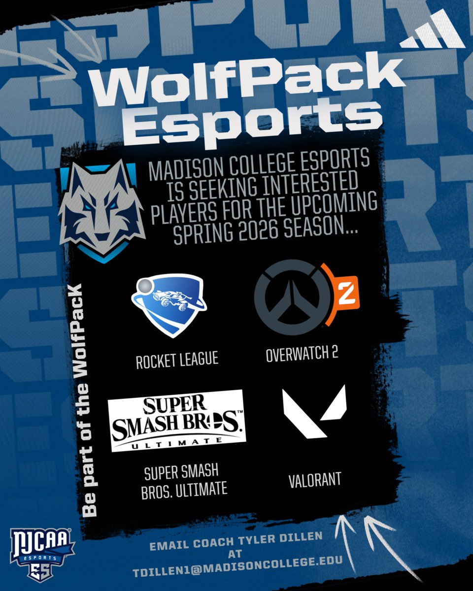 PackESports1's tweet photo. 🚨𝘾𝘼𝙇𝙇𝙄𝙉𝙂 𝘼𝙇𝙇 𝙂𝘼𝙈𝙀𝙍𝙎🚨
Madison College Esports has room on their Spring 2026 roster for interested students! Join the WolfPack today!

Fill out this interest form: https://t.co/dGhyaMwDOW https://t.co/cu4s4Eej5J