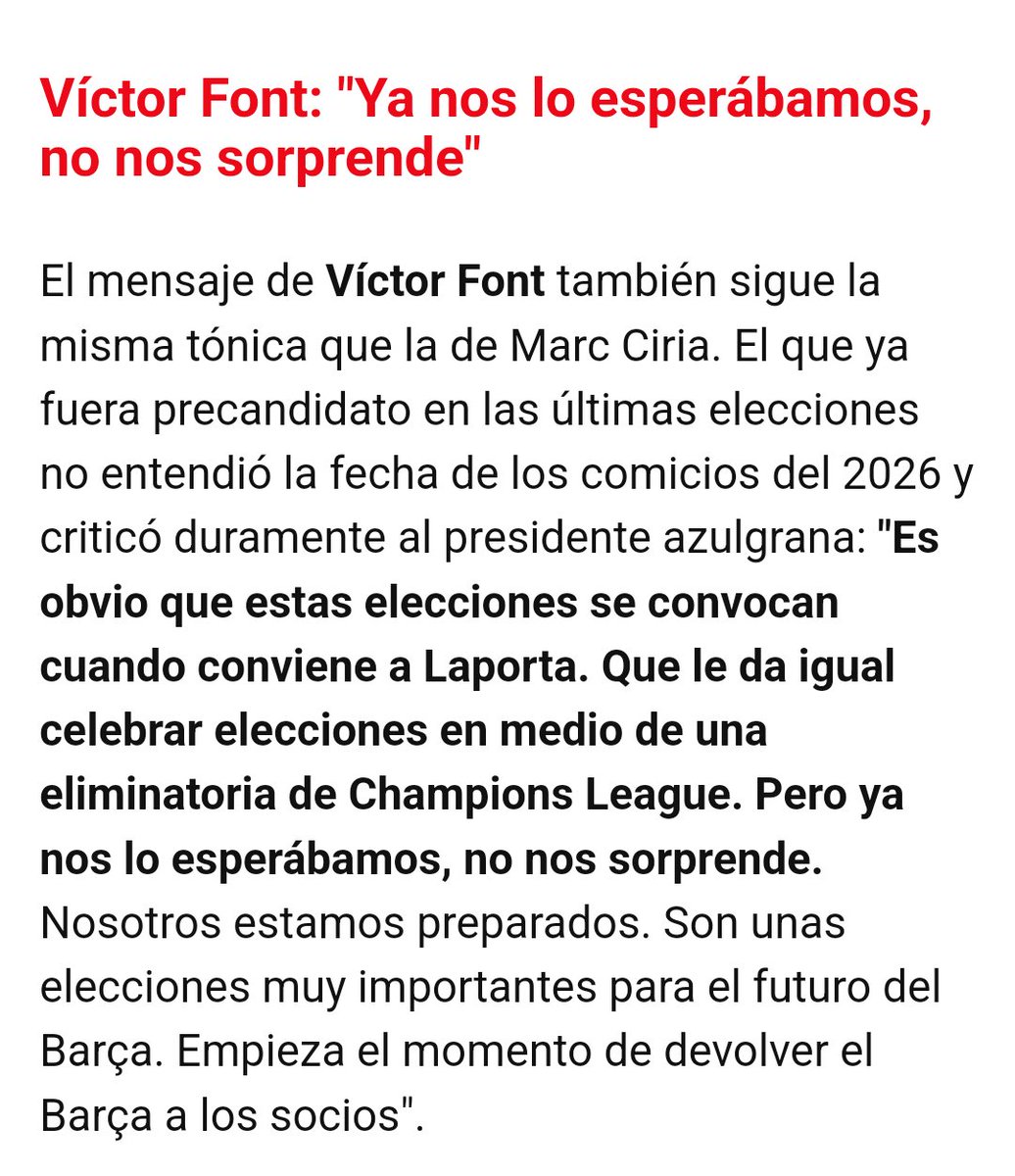 Víctor Font a l'octubre reclamava eleccions "cuanto antes mejor". 

Laporta convoca eleccions el 15 de març, el primer dia permès per Estatuts.

Víctor Font es queixa que les eleccions siguin el més aviat possible.

L'oposició és un meme de mal gust 
🤡🧣