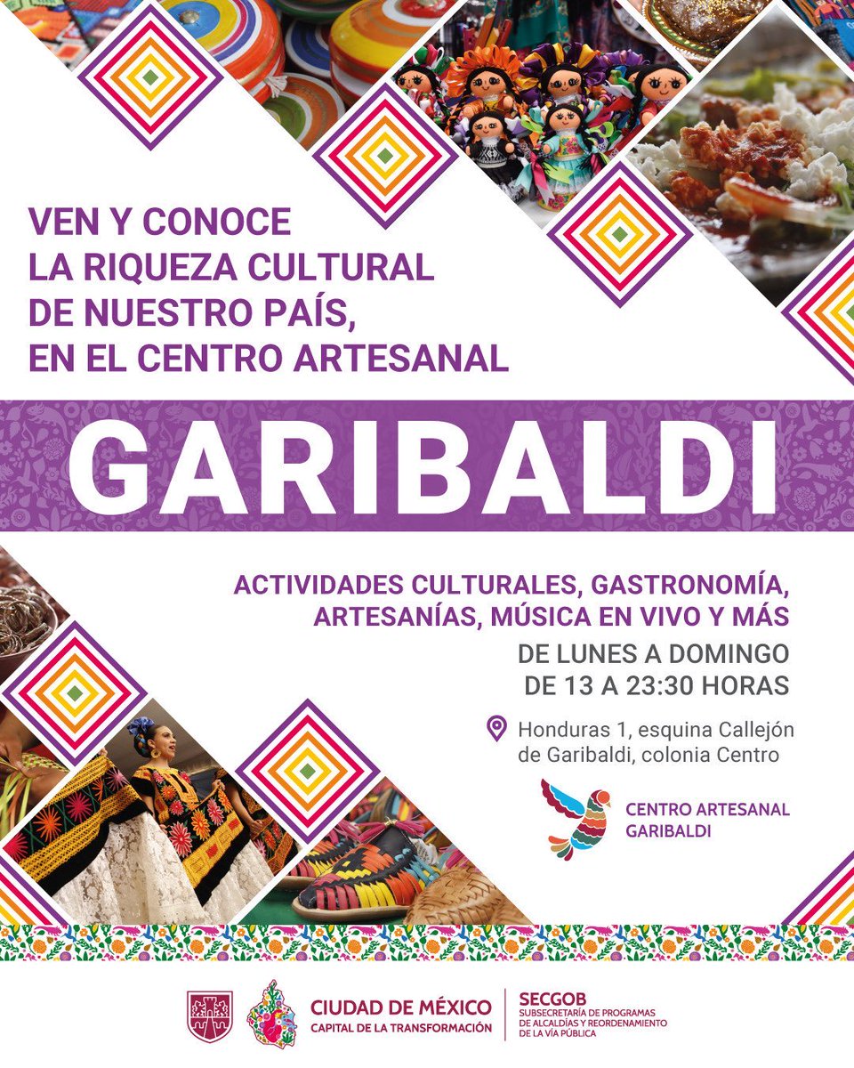 ¡Visita el Centro Artesanal Garibaldi! 🎉

En este espacio dedicado a la cultura mexicana, encontrarás alimentos, artesanías, actividades, música y muchos más prodcutos elaborados por talento nacional. 🙌🏽

🗓️ Abierto todos los días, de 13:00 a 23:30 horas.
📍 Honduras 1, esquina