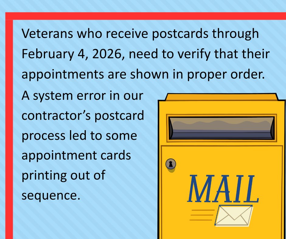 🚨Attention Veterans🚨
Please double-check your appointments are in the correct order if you received a postcard through February 4, 2026.