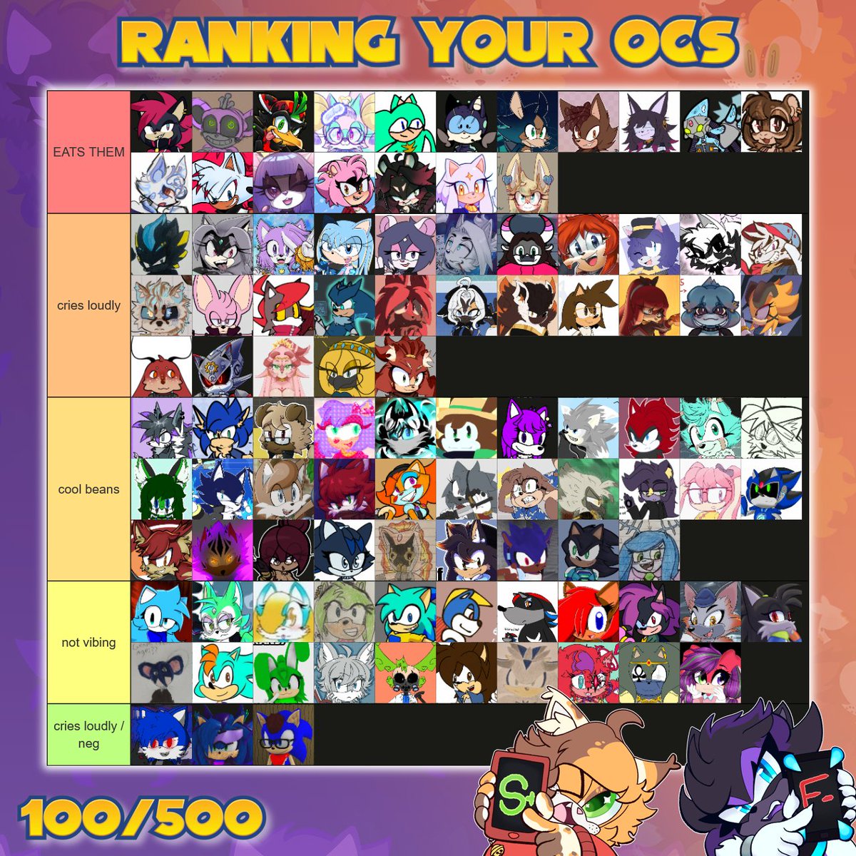 It's almost time!! We ranked 100 of your Sonic OCs last week! Tomorrow, <a href="/CiaooDee/">˗ˋ • 🌻 Dee 🌻 • ˊ˗</a> and I will be ranking another 100 of 'em!!

🔴LIVE on Friday @ 6PM GMT 11 AM MST / 12 PM CST / 1 PM EST! 

(we totally didn't do a silly and forgot to post the final tierlist last week teehee)