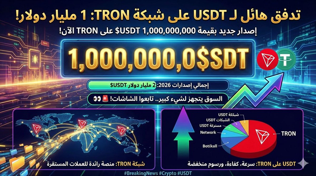 تم إصدار 1,000,000,000 $USDT على شبكة TRON الآن.
إجمالي إصدارات عام 2026: 2 مليار دولار.
السوق يتجهز لشيء كبير.. تابعوا الشاشات! 👀 🚨
#BreakingNews #Crypto #USDT
#TRON
#TRONGlobalFriends
#trx