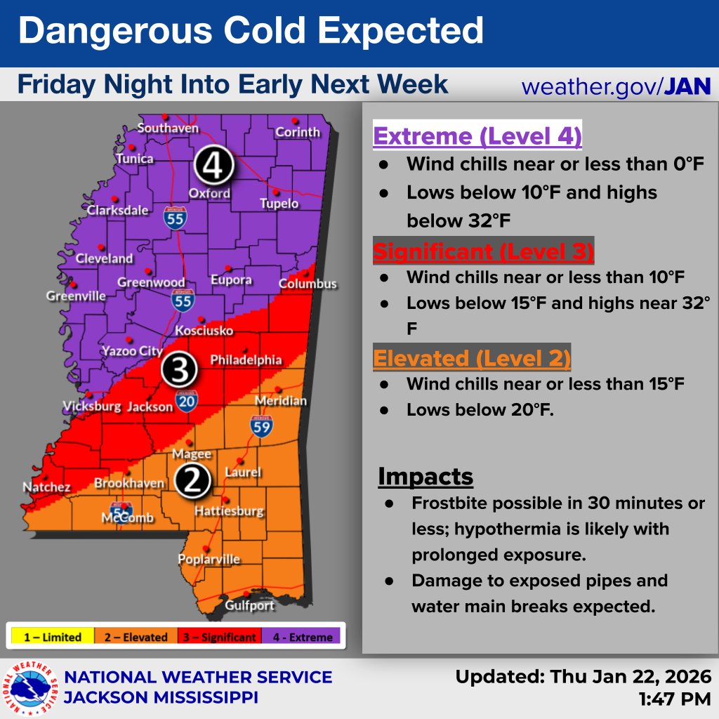 MSEMA's tweet image. ❗️🥶Winter Weather Update🥶❗️
Here are the latest graphics from the National Weather Service. An Ice Storm is expected beginning late Friday (1/23/26) and lasting through Sunday (1/25/26).

Mississippi could experience:
🌧️Freezing Rain and sleet
🚨Downed trees and power lines,…