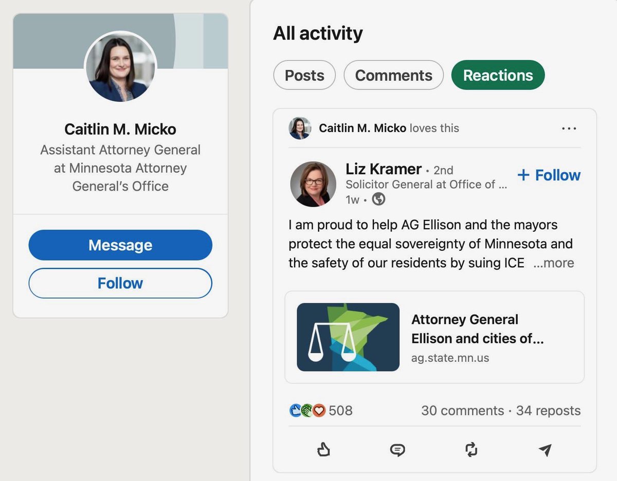 JackPosobiec's tweet image. NEW: I am told the judge that refused to sign the criminal complaint against Don Lemon is Magistrate Judge Douglas Micko

His wife works for Keith Ellison as an Assistant AG and has anti-ICE posts on LinkedIn