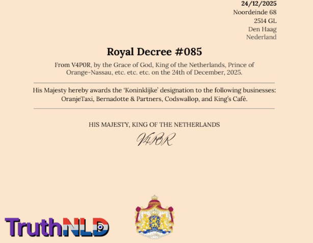 TruthNLD's tweet photo. The King awarded the "Koninklijke" (Royal) designation to OranjeTaxi, B&amp;P, Codswallop and King's Cafe. Codswallop denied the title going on a schizo rant about a "Fish King" and called the King a "tyrant landlubber" 🖋️ https://t.co/sLB54y7do3