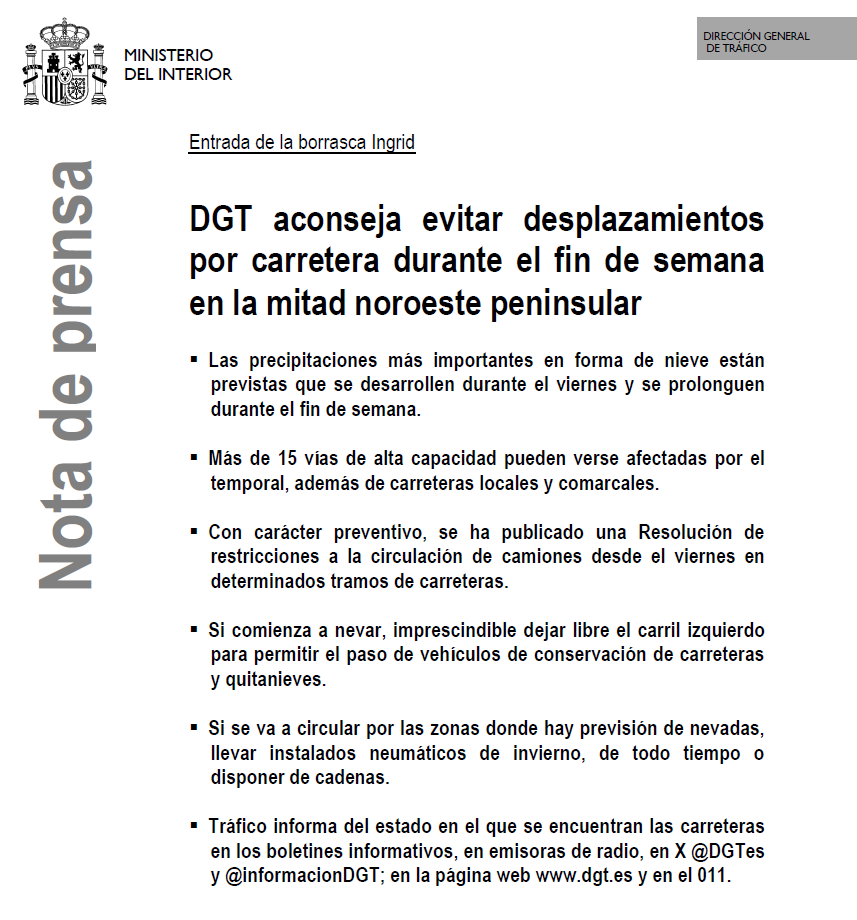 📢 <a href="/DGTes/">Dir. Gral. Tráfico</a> aconseja evitar desplazamientos por carretera durante el fin de semana en la mitad noroeste peninsular 🚨

Por favor, si te ves obligado a viajar, sigue estas recomendaciones 👇

⚠️ Extrema la precaución cuando circules por las áreas y vías afectadas por esta previsión