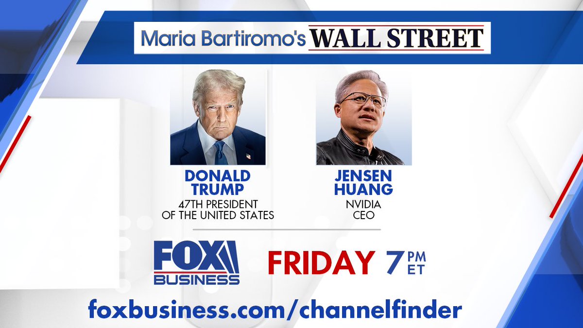 📺 TUNE IN TOMORROW FOR A BIG SHOW FROM THE <a href="/wef/">World Economic Forum</a> at 7pm ET on <a href="/FoxBusiness/">FOX Business</a>!

This week, <a href="/MariaBartiromo/">Maria Bartiromo</a> speaks with:
🇺🇸 <a href="/POTUS/">President Donald J. Trump</a> Donald Trump 
🌌 <a href="/nvidia/">NVIDIA</a> CEO Jensen Huang