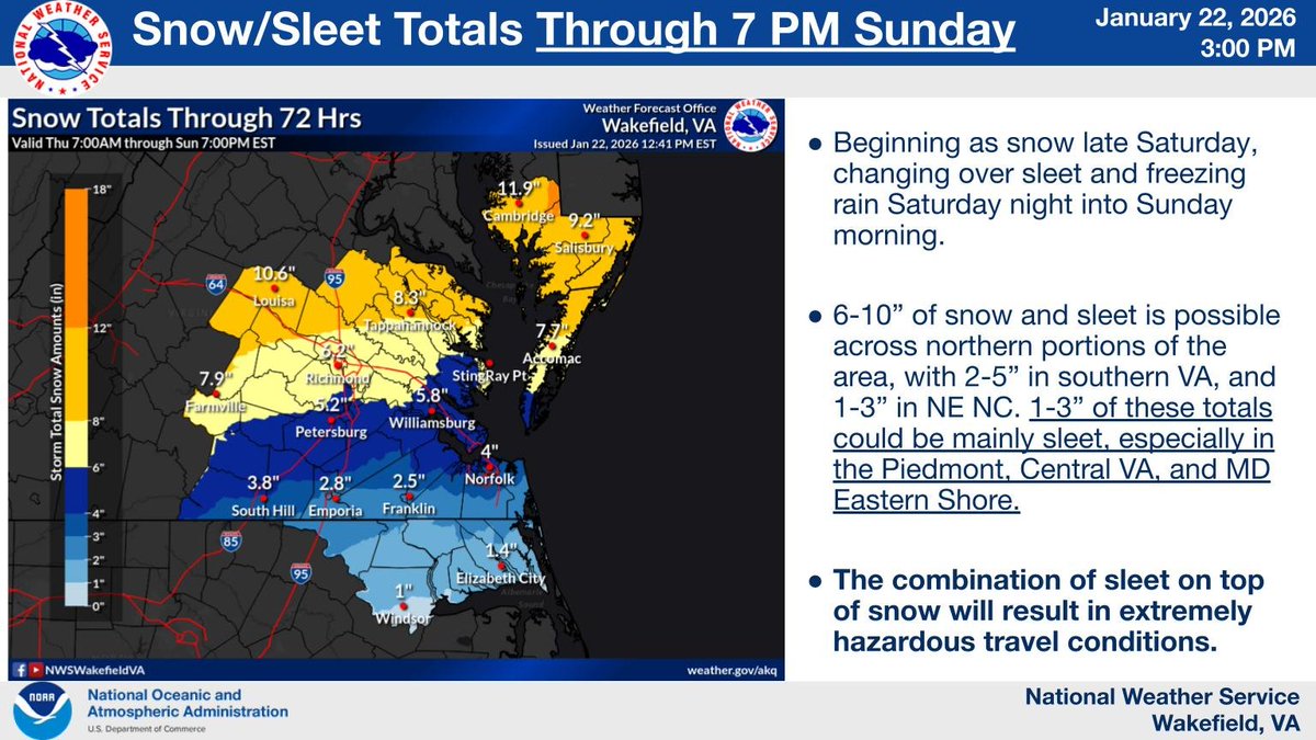 Here's the latest forecast for snow and sleet through Sunday evening. We expect snow to start late on Saturday changing over to mixed precip Saturday night into Sunday. The combination of sleet on top of snow will result in extremely hazardous travel conditions.