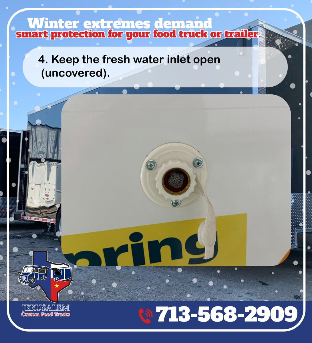 Winter Protection Tips (Food Trucks &amp; Trailers)
To help protect your unit during cold weather, we recommend the following:
Empty both the fresh water tank and the water heater.
Keep the hand sink and 3-compartment sink faucets open to allow airflow and prevent pressure buildup.