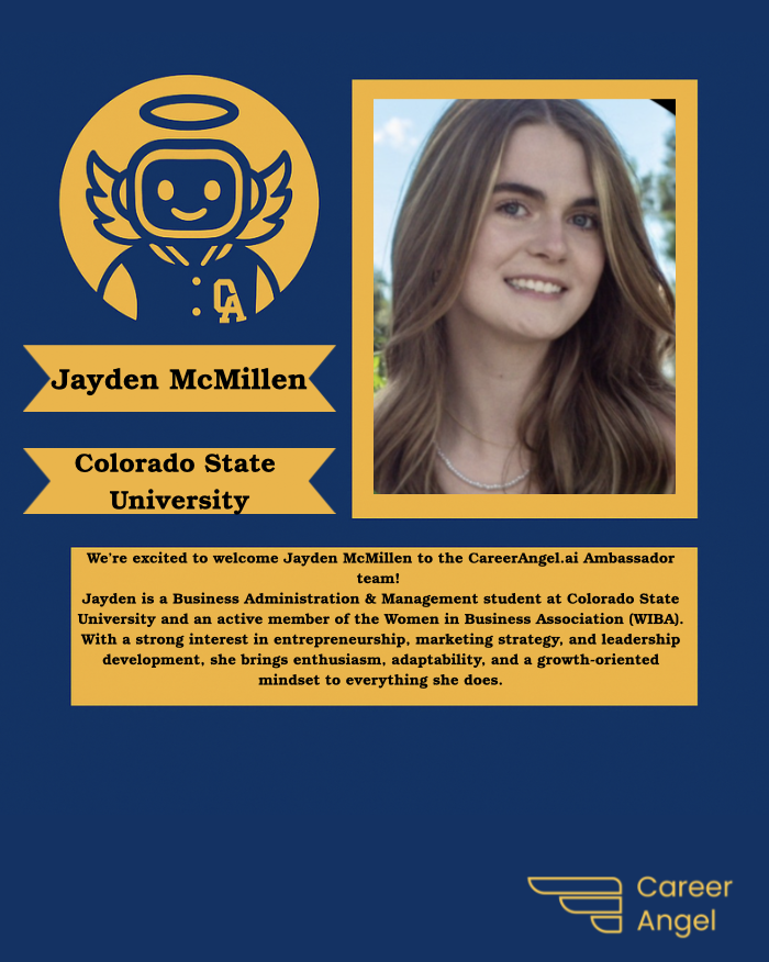 CareerAngelAI's tweet photo. We’re excited to welcome Jayden McMillen to the https://t.co/L6hktZQUfE Ambassador team!
Jayden is a Business Administration &amp; Management student at Colorado State University.
Welcome to the family, Jayden! https://t.co/1VcGpTAT11