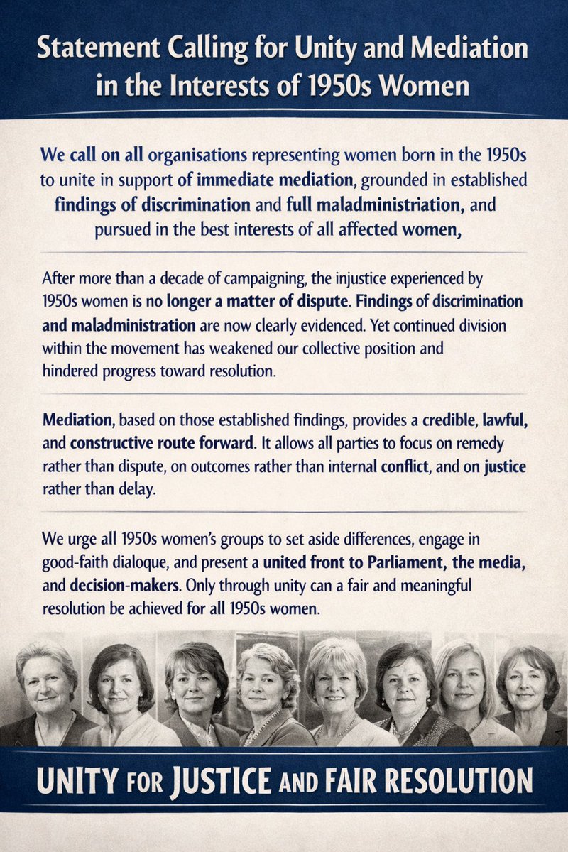 50sWOWPembsCarm's tweet image. We call on all groups representing #50sWOMEN to unite in support of immediate mediation, grounded in established findings of discrimination, full maladministration &amp;amp; pursued in the best interests of all affected women. @1950sOf @ScotWaspi @WASPI_Campaign #CEDAWinLAW @RLong_Bailey