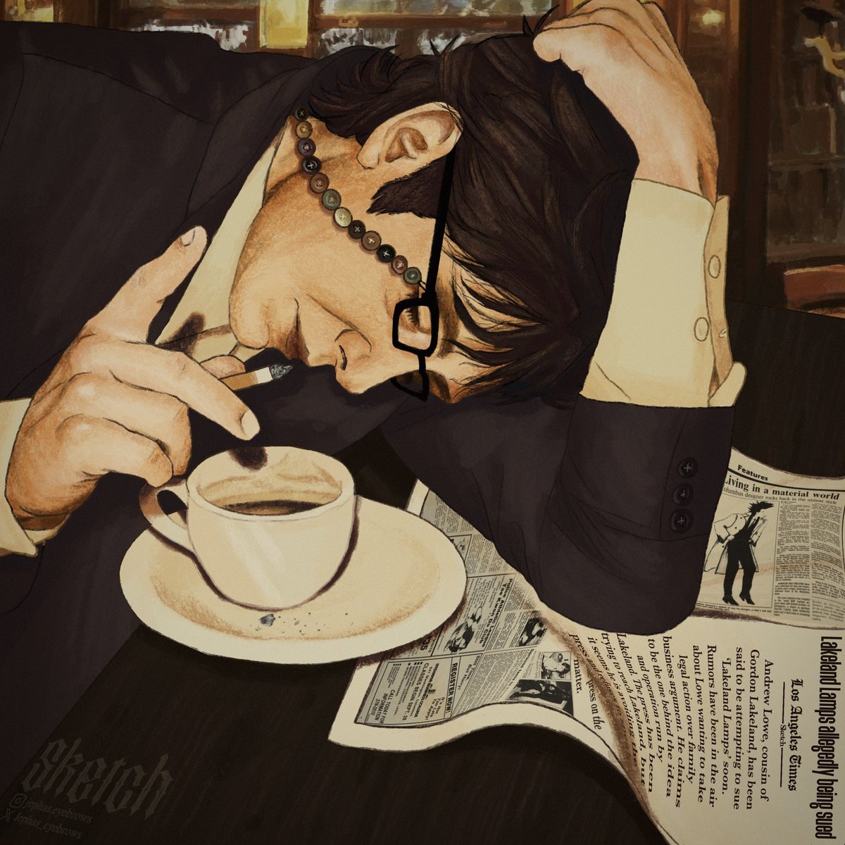 Sketchretary's tweet photo. This is my OC Gordon Lakeland. For him it is currently the year 2000 and he is 40 years old! His voice/face claim is James Spader. He owns a lamp company called Lakeland Lamps. I plan to write a long story about him sometime, but feel free to ask abt him! My comms are also open🧡 https://t.co/Q13Lj9nD90
