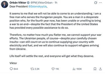 ⚡️Sur X, Le Premier ministre hongrois Viktor Orbán recadre sèchement Zelensky : 

«Cher président Zelensky. Il me semble que nous ne pourrons pas parvenir à une compréhension mutuelle. Je suis un homme libre qui sert le peuple hongrois. Vous êtes un homme dans une situation