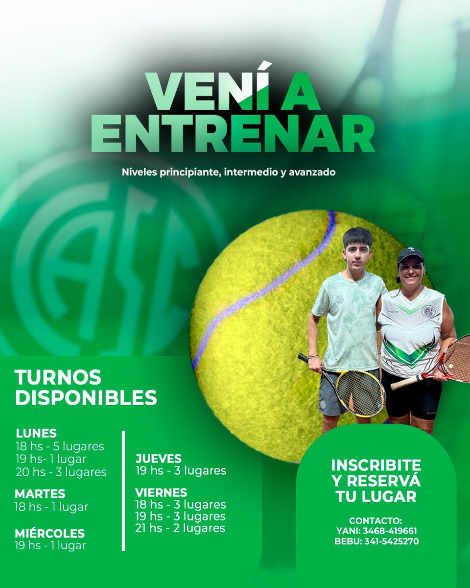 Lo lindo de hacer deporte y en el Club que más 🙌🏻

Te compartimos los días y horarios de #Tenis para que puedas acceder a las clases 🎾

¡Vení a entrenar! 💪🏻

#TenisCASC