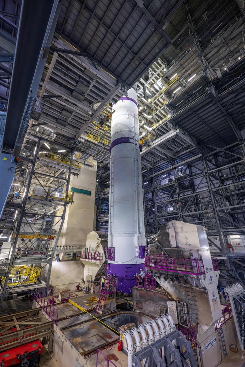 First Ariane 64 hardware is on the pad: The central core is now vertical, a key step toward LE-01, our inaugural launch with <a href="/Arianespace/">Arianespace</a>. Liftoff of 32 Leo satellites remains set for Feb. 12 from French Guiana. 

Follow along for mission updates: spr.ly/6015C7Hjx