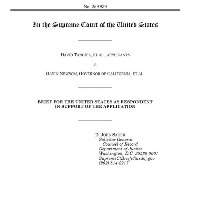 🚨 BREAKING: Trump’s DOJ just asked the Supreme Court to step in and gut California’s congressional map in Tangipa v. Newsom.

They’re claiming the map is an illegal racial gerrymander and want it thrown out.

Translation: Republicans are trying to flip up to 5 seats by having