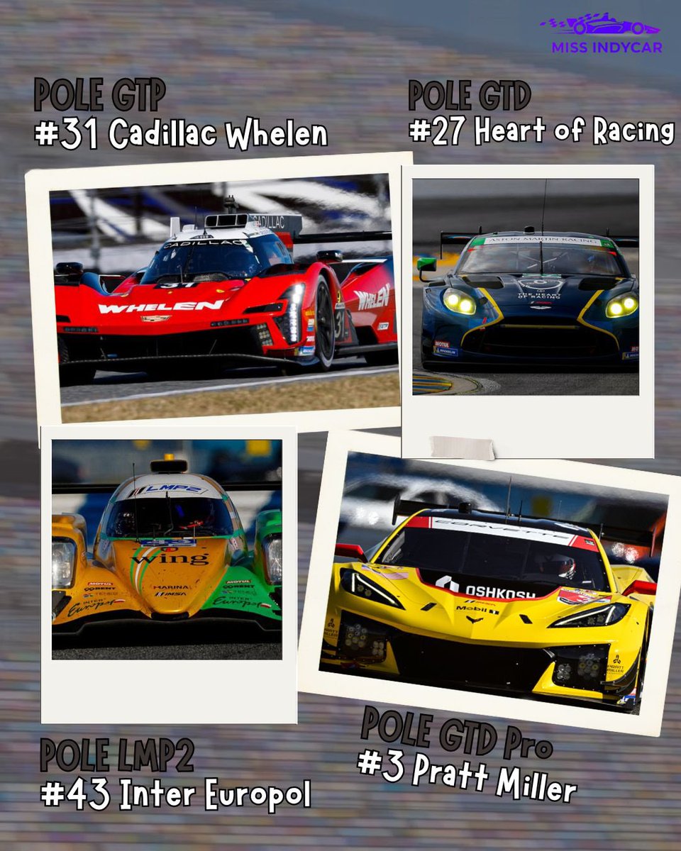 MissIndycar11's tweet photo. Ya tenemos las Pole Position por clase para el Rolex 24 at Daytona ⚫️🔵🔴🟢

Unas sesiones más de práctica para afinar detalles y el sábado en punto de las 12:40 pm estaremos comenzando con esta carrera. 

-💙 https://t.co/VziLhj5j7v