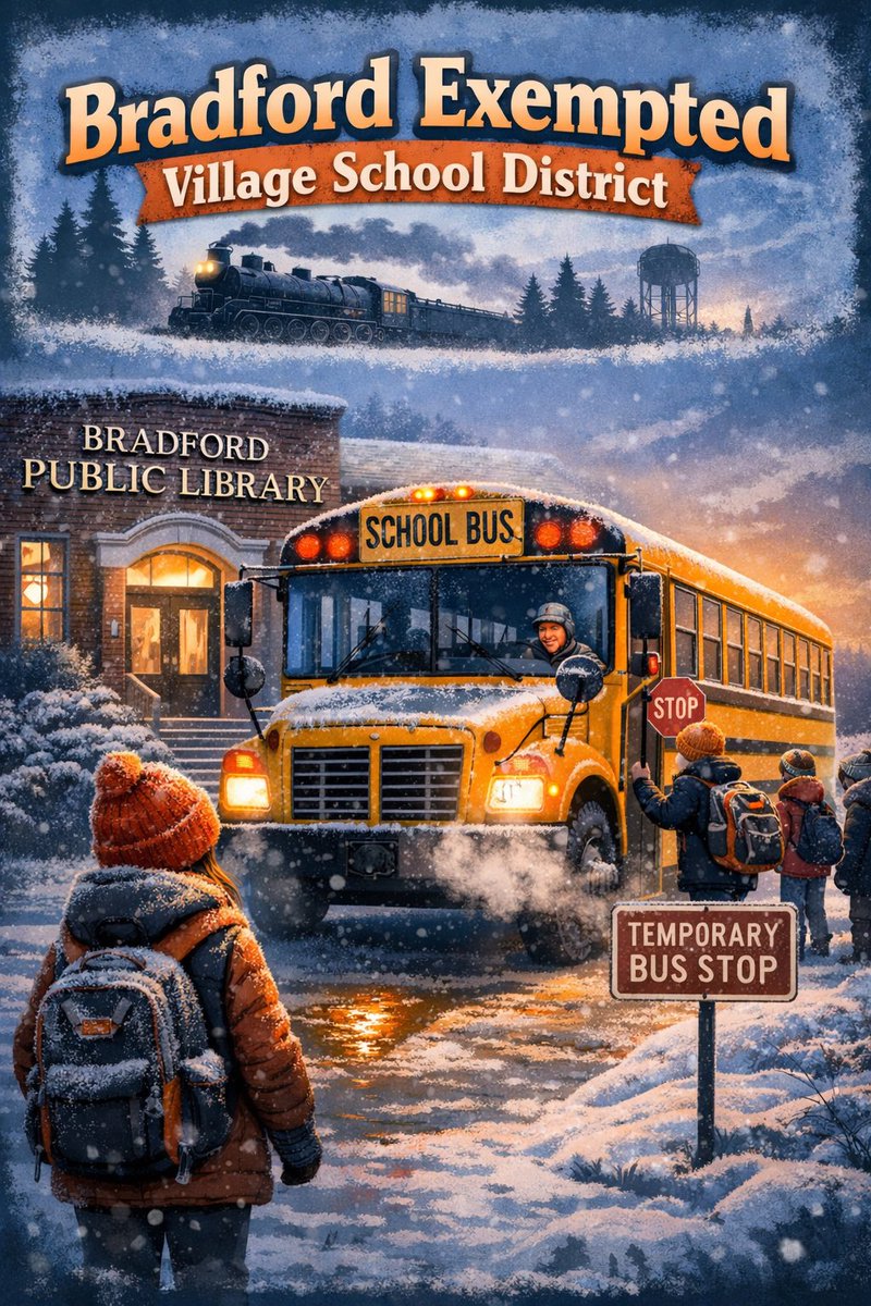 With cold temperatures expected tomorrow, Bradford EVSD is adding a temporary bus stop at the Bradford Library to pick up walkers. The library will be open at 7:40am to give shelter from the cold and will close when the bus arrives at 7:50.
Thank you, stay safe and go Railroaders