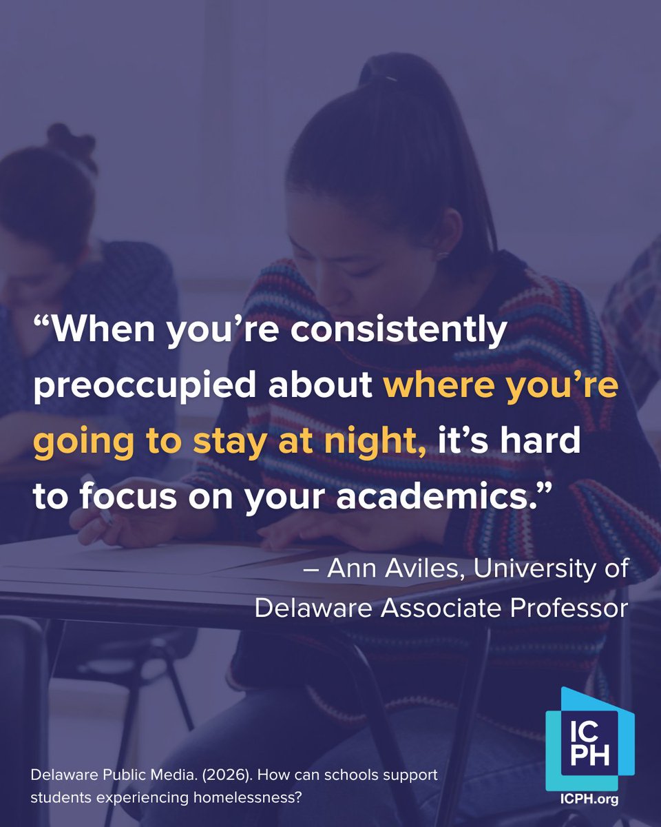 ICPH_homeless's tweet image. In a new interview with @DelawarePublic, @UDelaware  associate prof Ann Aviles describes how #homelessness &amp;amp; #housinginsecurity have detrimental effects on the cognitive, emotional &amp;amp; physical development of children &amp;amp; how schools can help support these students &amp;amp; their fams.[1/2]