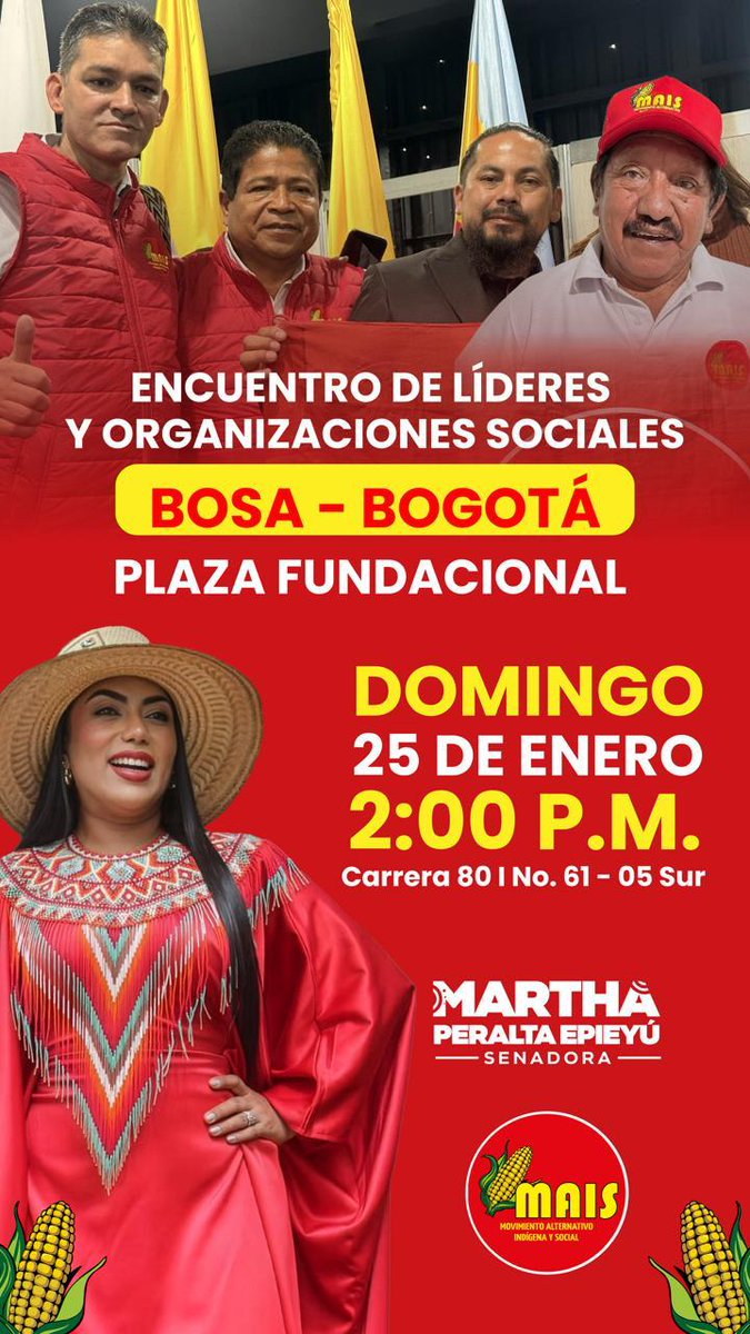 🌽🤝 ¡BOSA, NOS VEMOS EN LA PLAZA!

Este domingo 25 de enero, la fuerza del cambio llega a la localidad de Bosa. Nos acompaña nuestra Senadora <a href="/marthaperaltae/">Martha Peralta Epieyú</a> (#MAIS201) para el lanzamiento oficial de la campaña de Juan Pablo Realpe, candidato a la Cámara por Bogotá con el