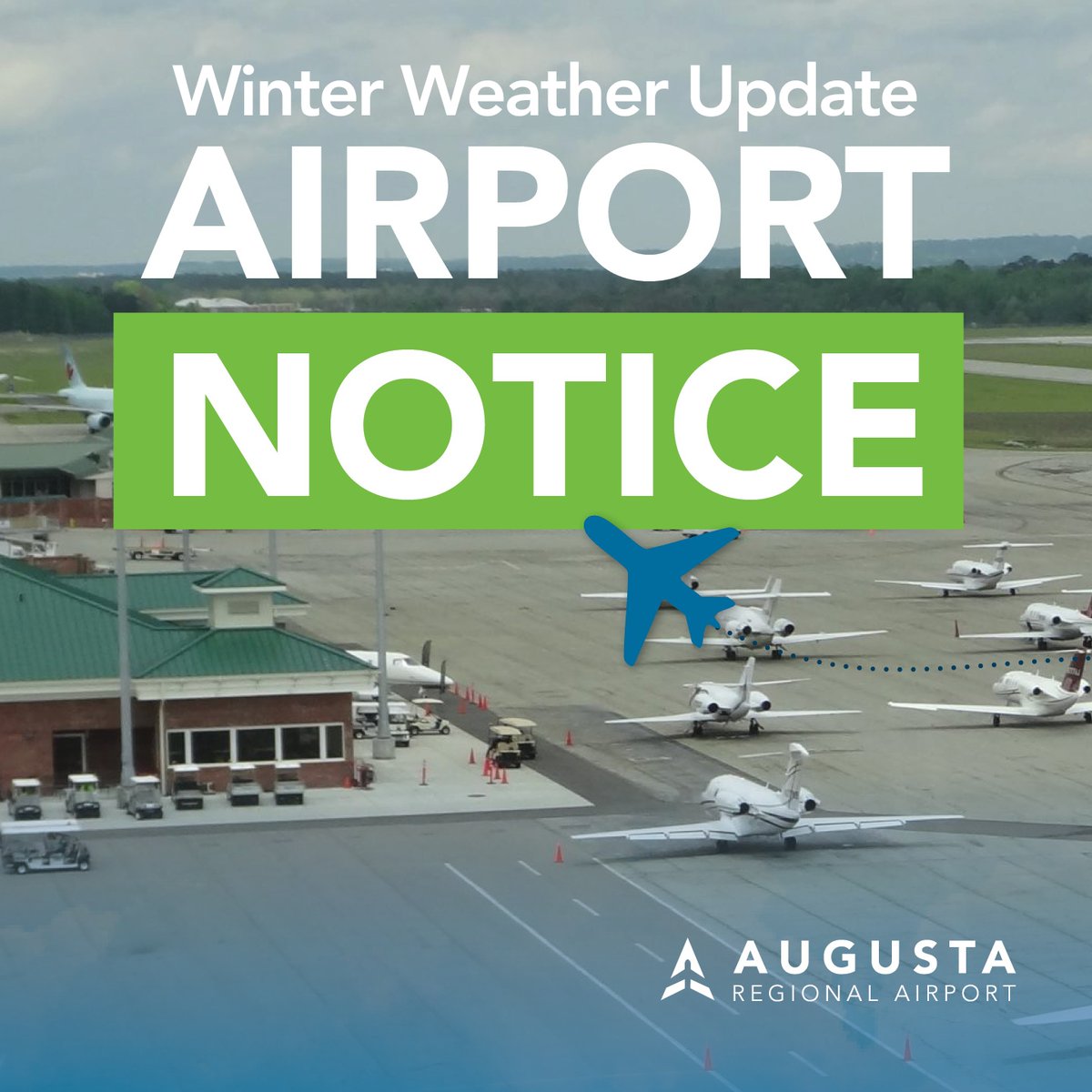 Consider weather conditions when making travel plans. AGS facilities, including parking, terminal services, &amp; ground transportation, will continue operating as conditions allow. Travelers use extreme caution when driving &amp; follow guidance f/ local &amp; state emergency mgmt officials