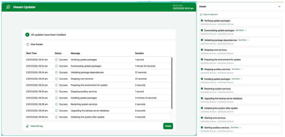 Just knocked out a full #VBR patch before my coffee even got cold. ☕️

Under 10 minutes to hit v13.0.1.1071. No RDP, no mounting ISOs, and zero Windows Update drama. It’s hard to justify sticking with the Windows install after seeing this.

#VeeamCommunity #MVPBuzz #VSA #Veeam