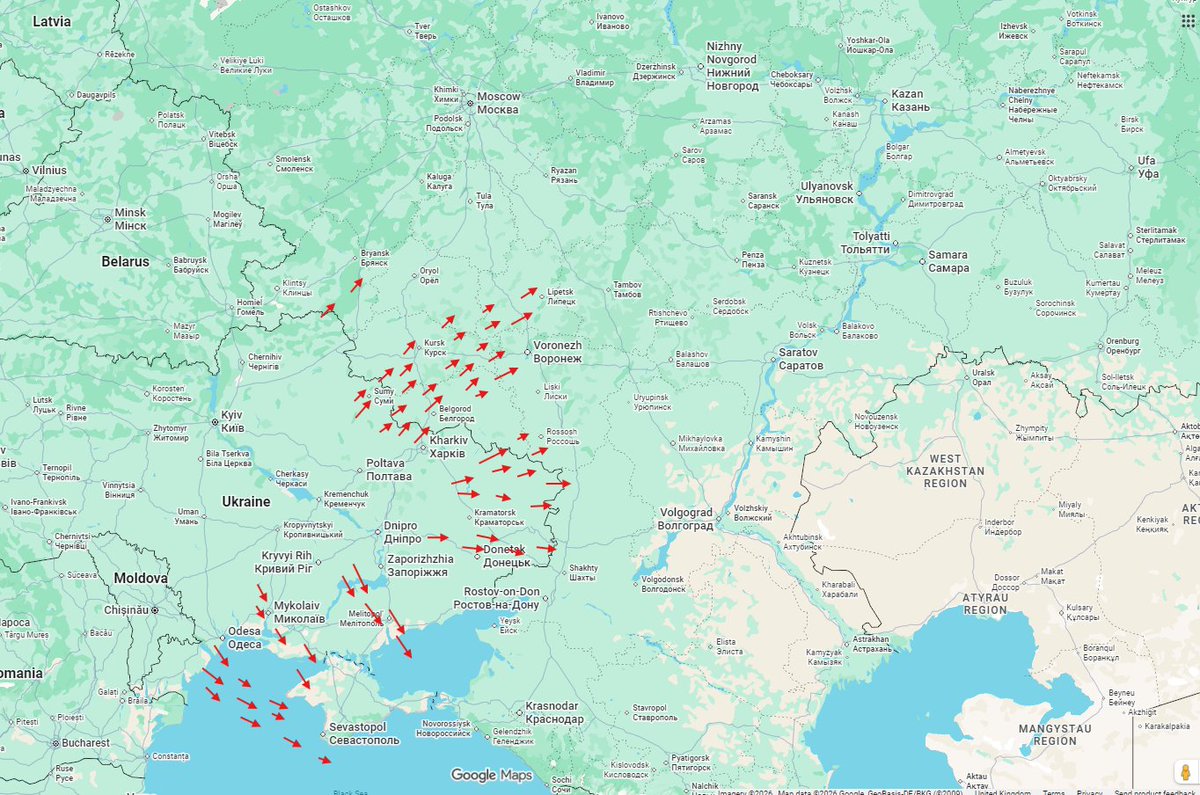 raging545's tweet image. Map via Russian media of drones being tracked heading into Russia and the occupied territories in the last hour. Of significance is the large number of drones from Kursk to Voronezh heading North to NE.