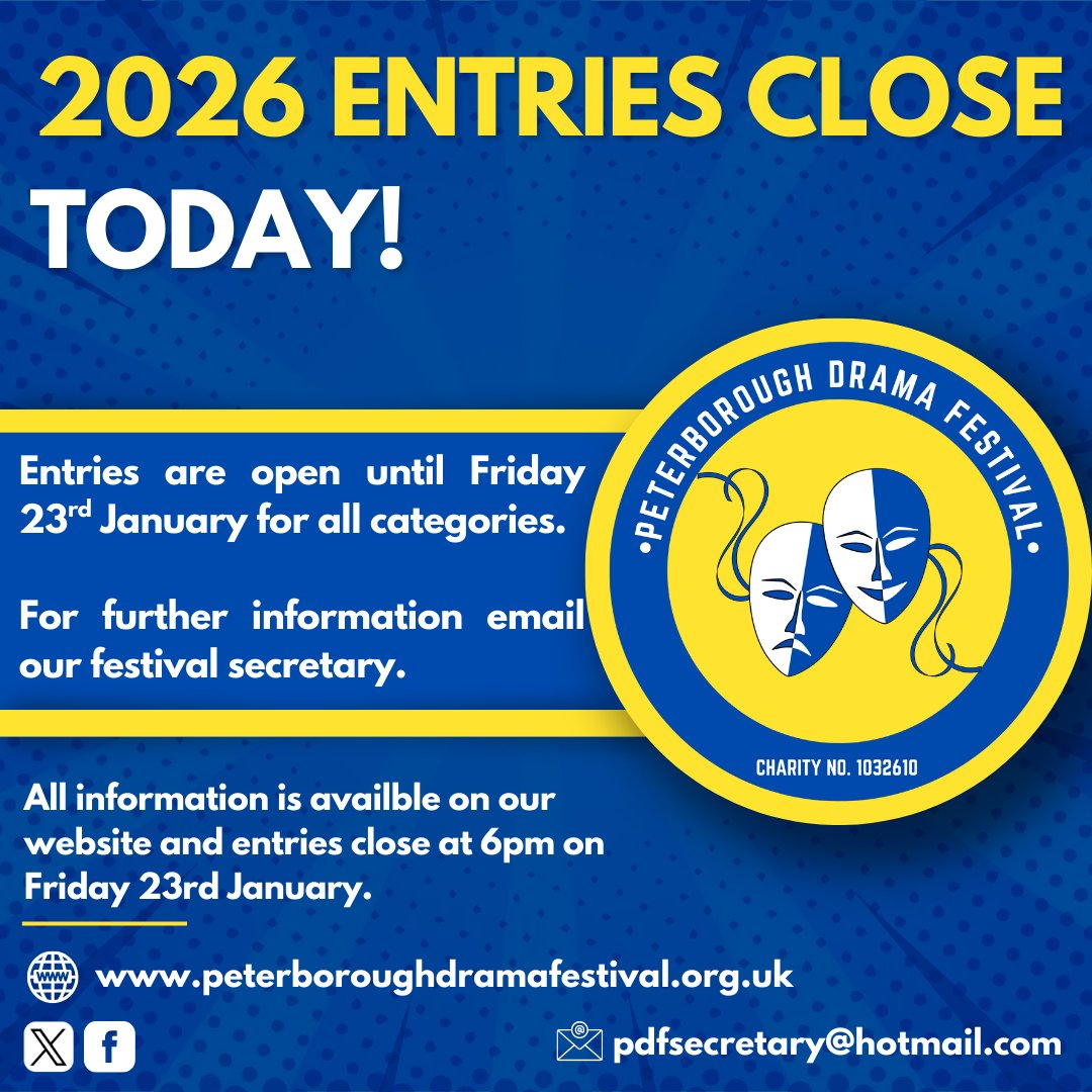 Pbodramafest's tweet photo. 🎭🗞👏 The Peterborough Drama Festival 2026 syllabus is still available on our website.
📋 Entries are being accepted from individuals and groups.  Entries close today at 6pm.
📅 Festival dates - 6th and 7th March 2026.
🧑🏻‍💻 https://t.co/kDHawBYQqk https://t.co/sck5G62pAx