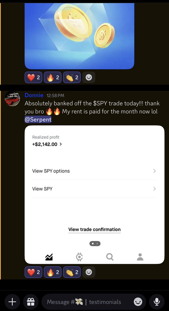 serpenttrades's tweet image. PREMIUM MEMBER PAID HIS ENTIRE RENT FOR THE MONTH IN ONE TRADE! 🔥🔥

TURNING SMALL ACCOUNTS INTO BIG ACCOUNTS DAY AFTER DAY 

THIS IS WHY WE ARE THE #1 OPTIONS TRADING DISCORD 🌎🏆
#SPX #SPY #AAPL #TSLA 

whop.com/serpent-trading